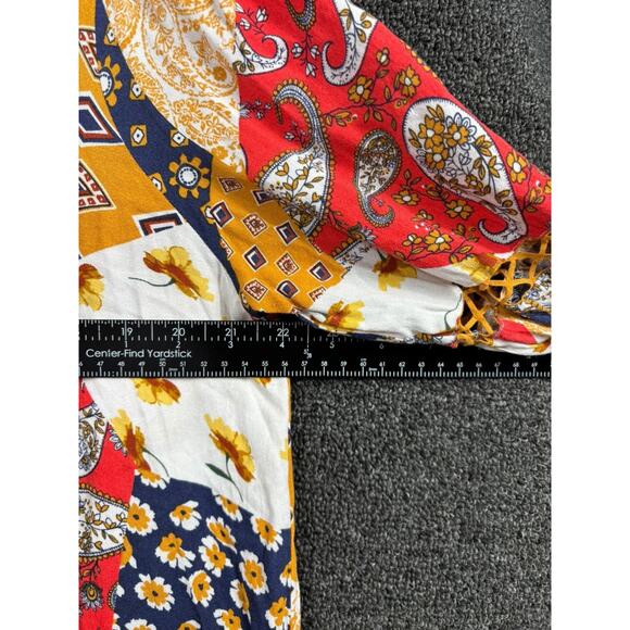 Oddy Peasant Geometric patchwork Floral Tunic Top Womens Sz L Multicolor V-Neck - Picture 7 of 7